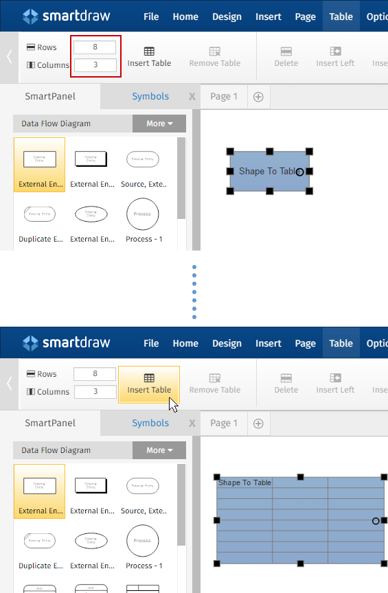 Display data flow shape as table