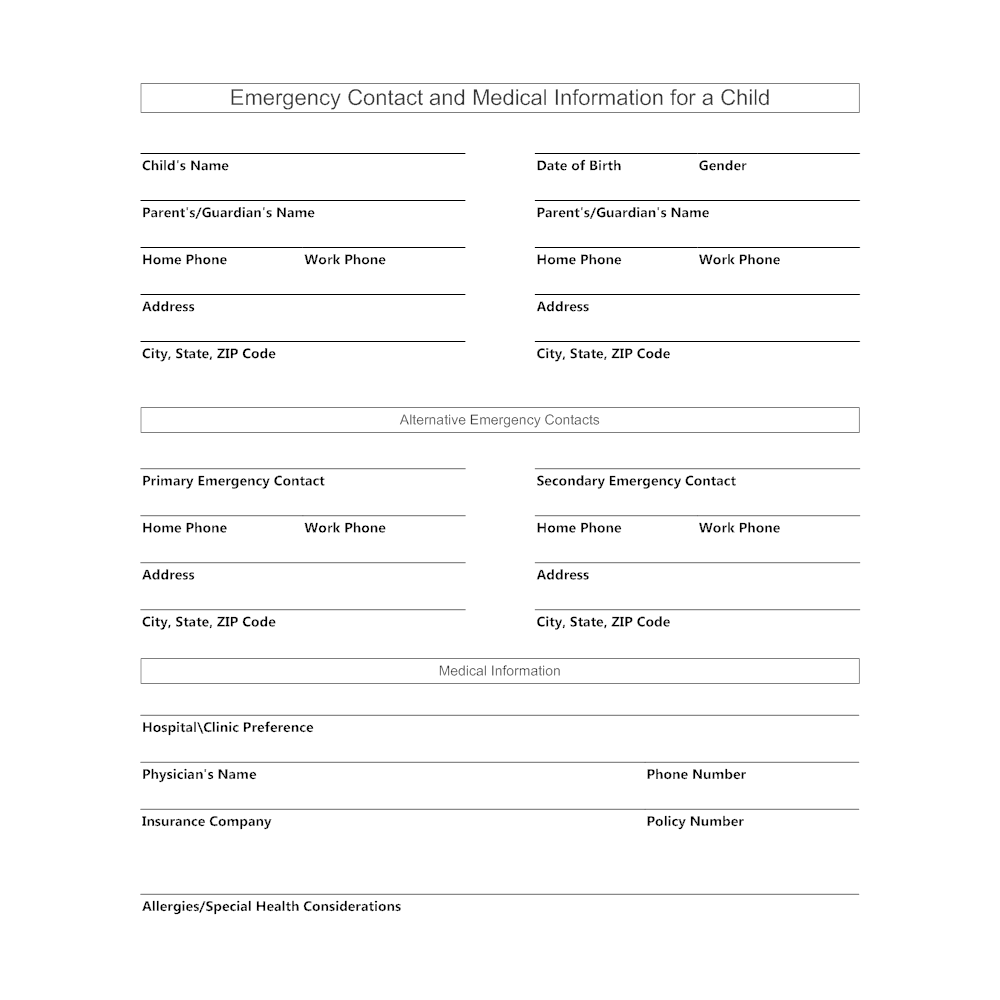 Example Image: Emergency Contact and Medical Information for a Child