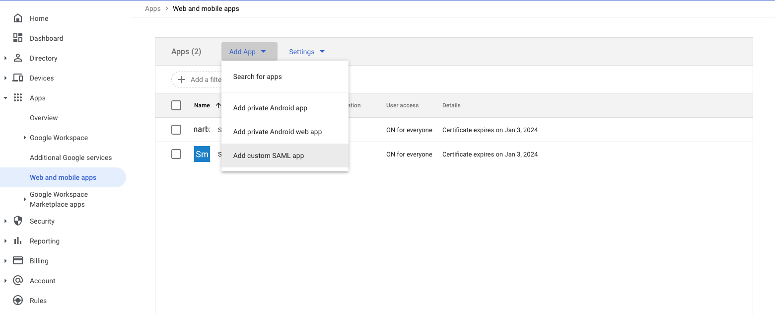 Add A Custom SAML App in the Google Admin Console