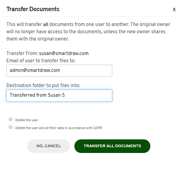 Select user to transfer documents to