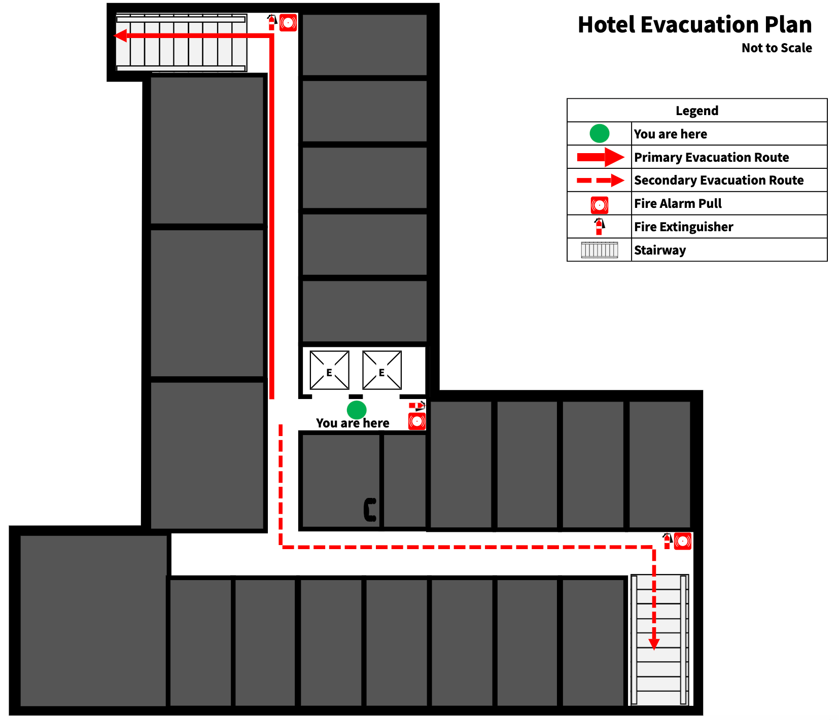 An example evacuation plan for a hotel interior.