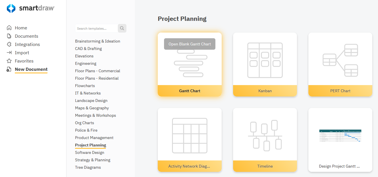 Choose the Gantt chart template from the Project Planning dashboard