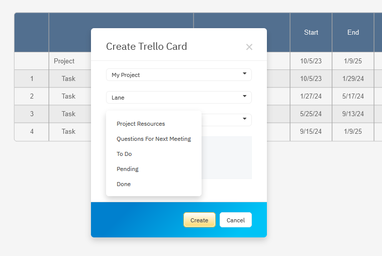 Trello cards will be connected in real time to your project chart