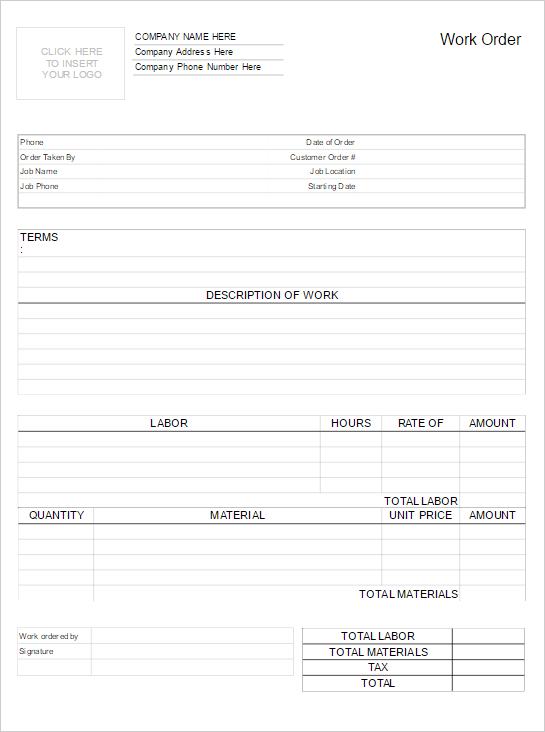 Work order form template