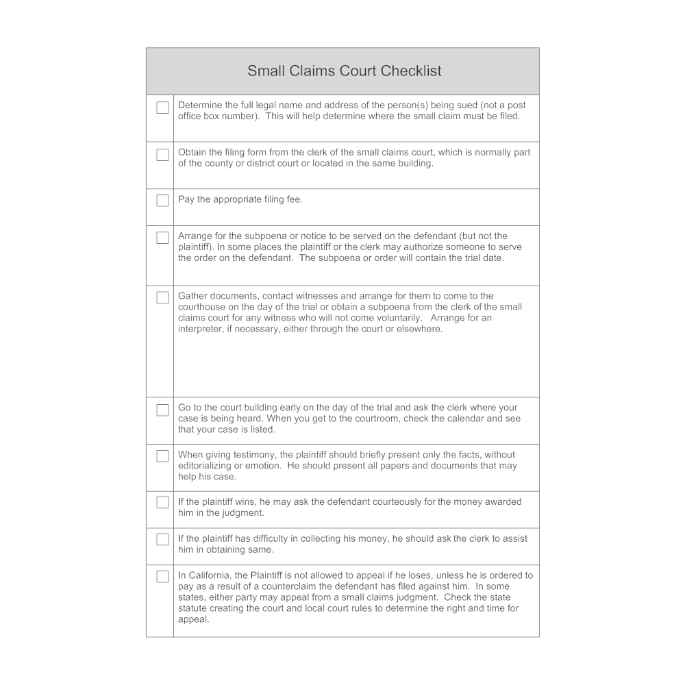 Small Claims Court Checklist