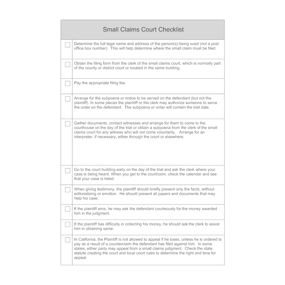 Example Image: Small Claims Court Checklist
