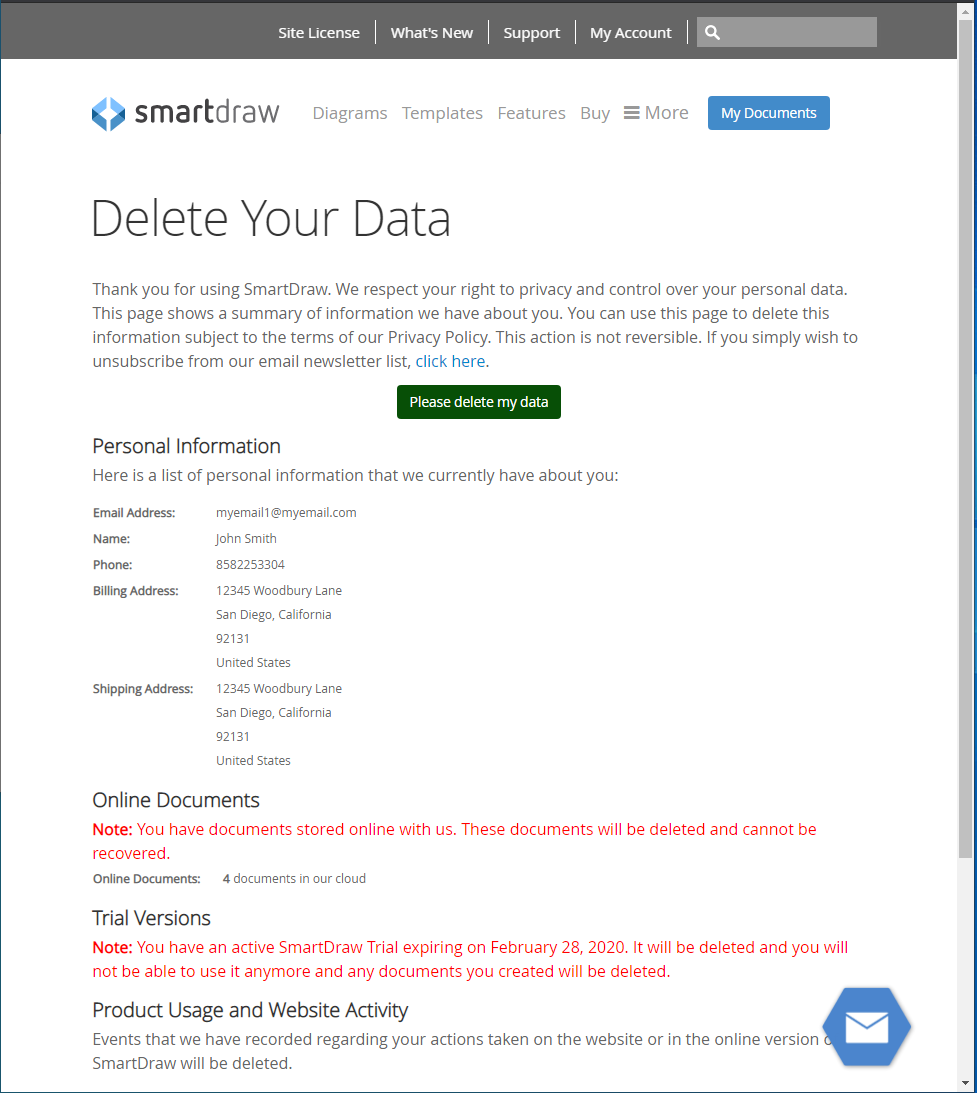 Delete your data page